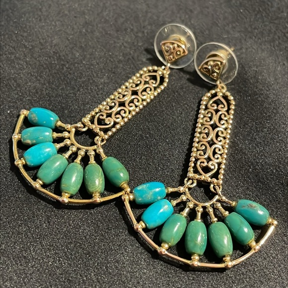 Vintage 925 Silver and Gold Tone Overtone Faux Turquoise Drop Earrings - Picture 3 of 12